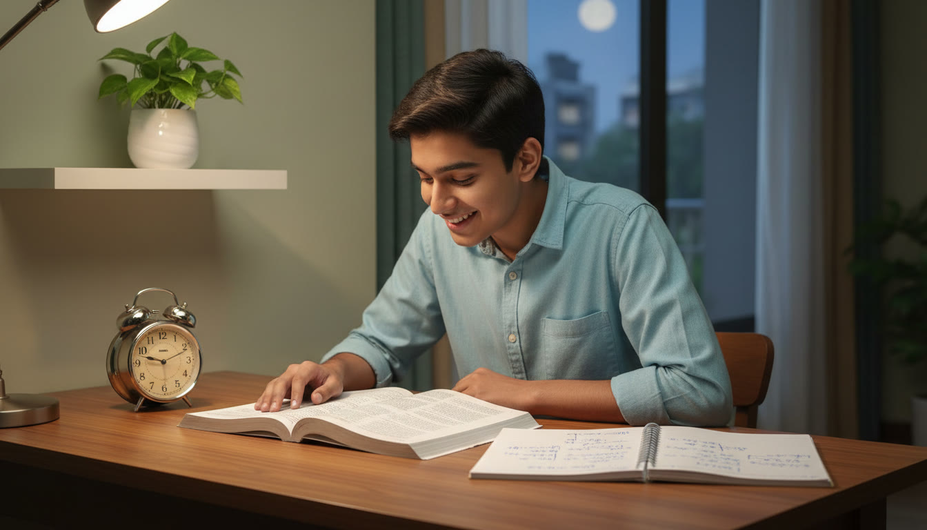 Photo Idea : A focused student at a tidy desk with open textbooks, a notebook with handwritten notes, and a clock showing a study session in progress