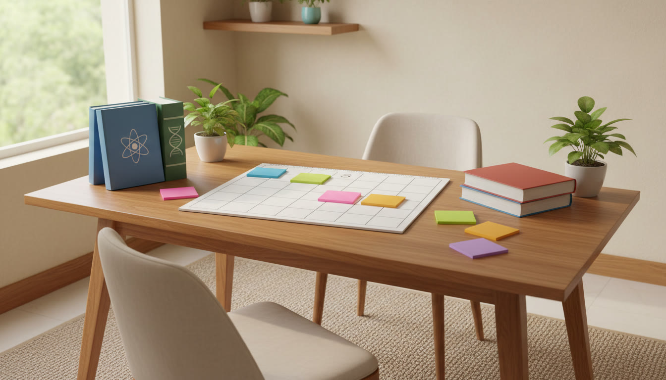 Photo Idea : A student at a desk with a calendar, textbooks labeled Physics/Chemistry/Biology, and sticky notes marking 