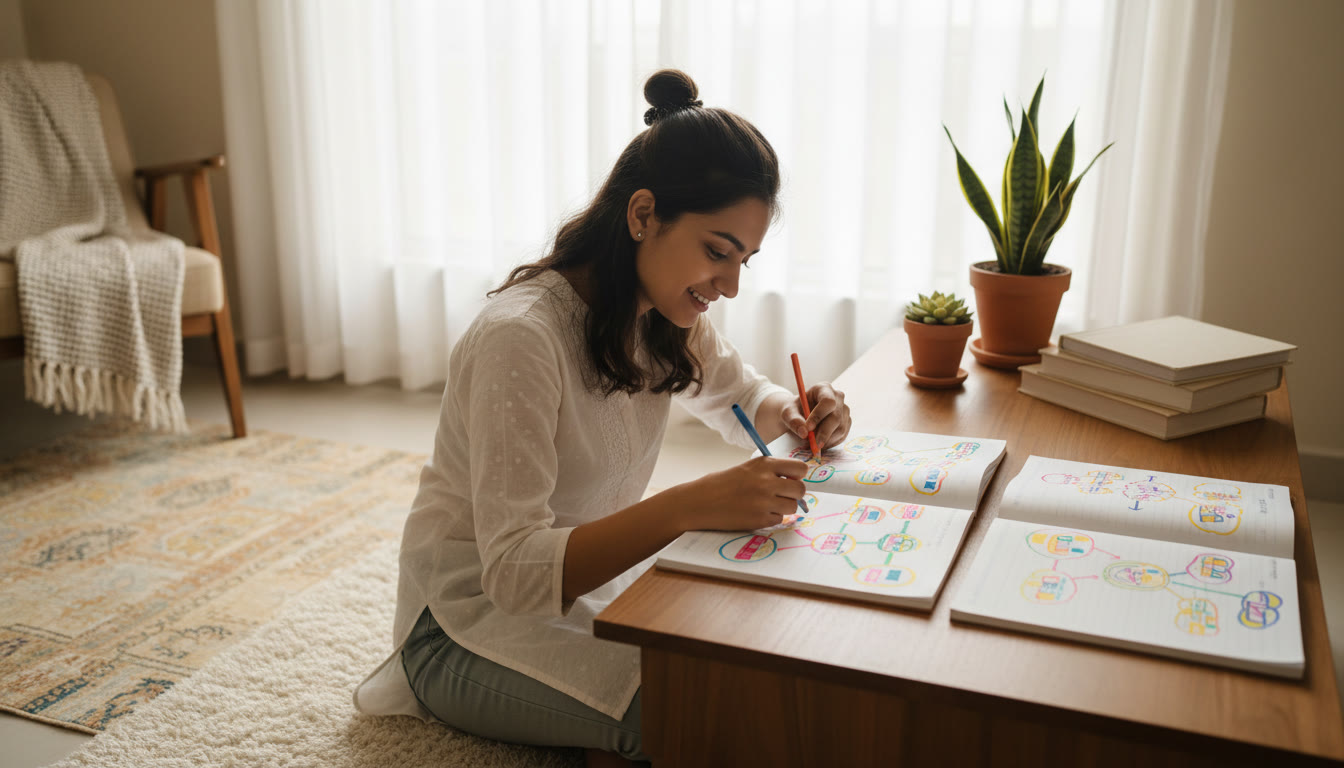 Photo Idea : A calm study nook with a student making colourful notes and a notebook open to a concept map