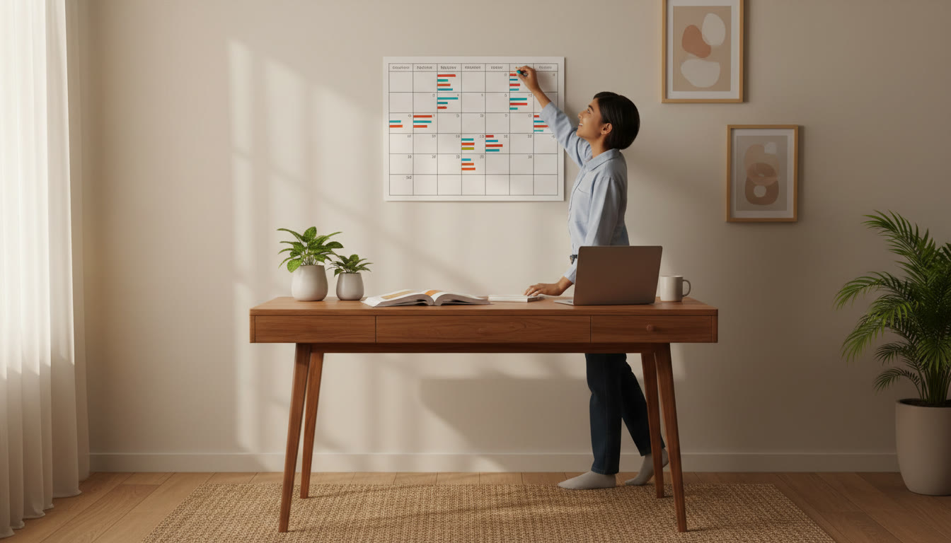 Photo Idea : Student at a tidy desk pinning a six-month study calendar on the wall