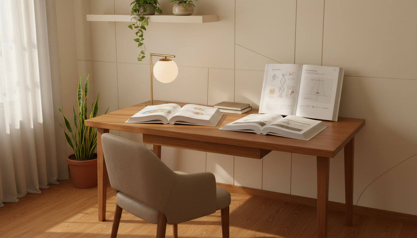 Photo Idea : Student at a tidy study desk with open biology and physics books and a soft-glow desk lamp