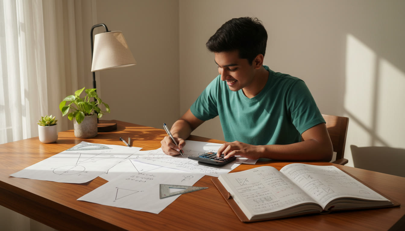 Photo Idea : A student solving math problems on paper with a calculator and geometry diagrams nearby, a tidy problem journal open to a solved example.