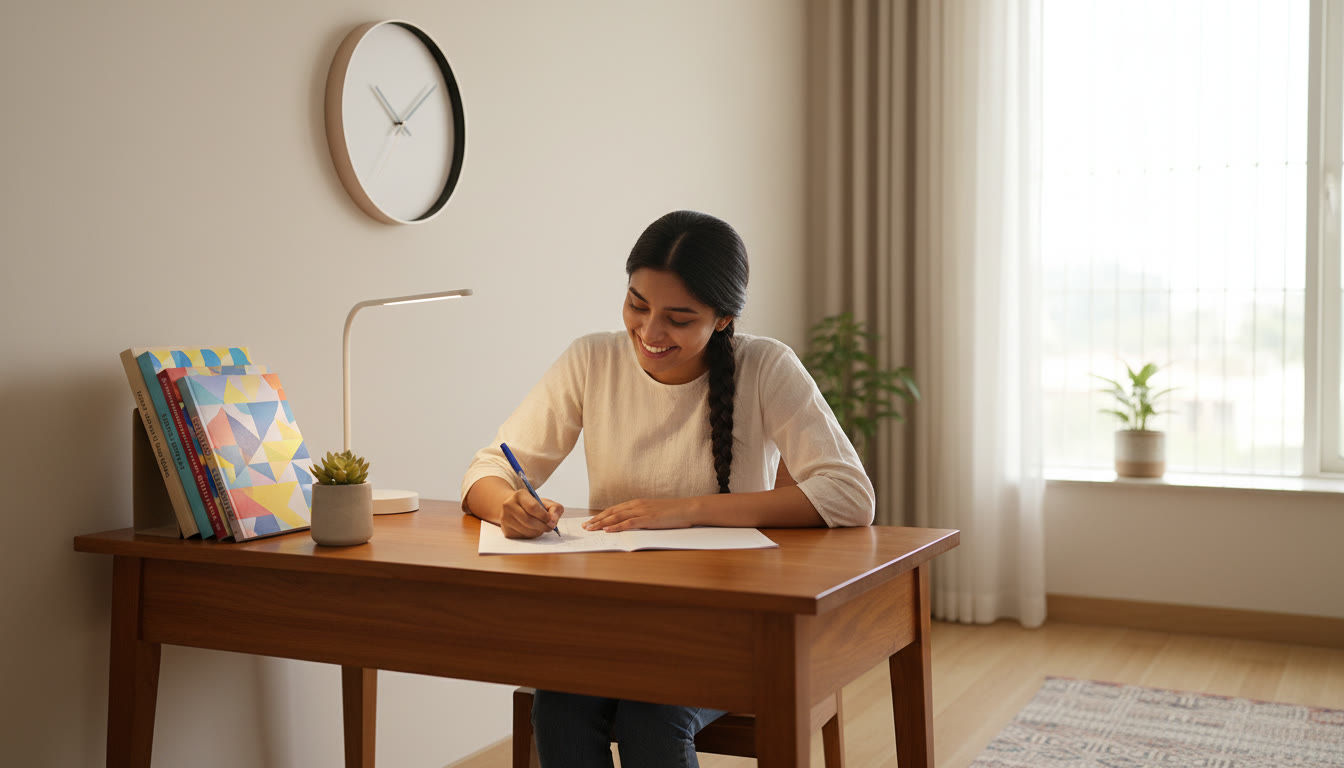 Photo Idea : Student at a tidy desk, writing on an answer sheet with textbooks stacked neatly and a clock visible.
