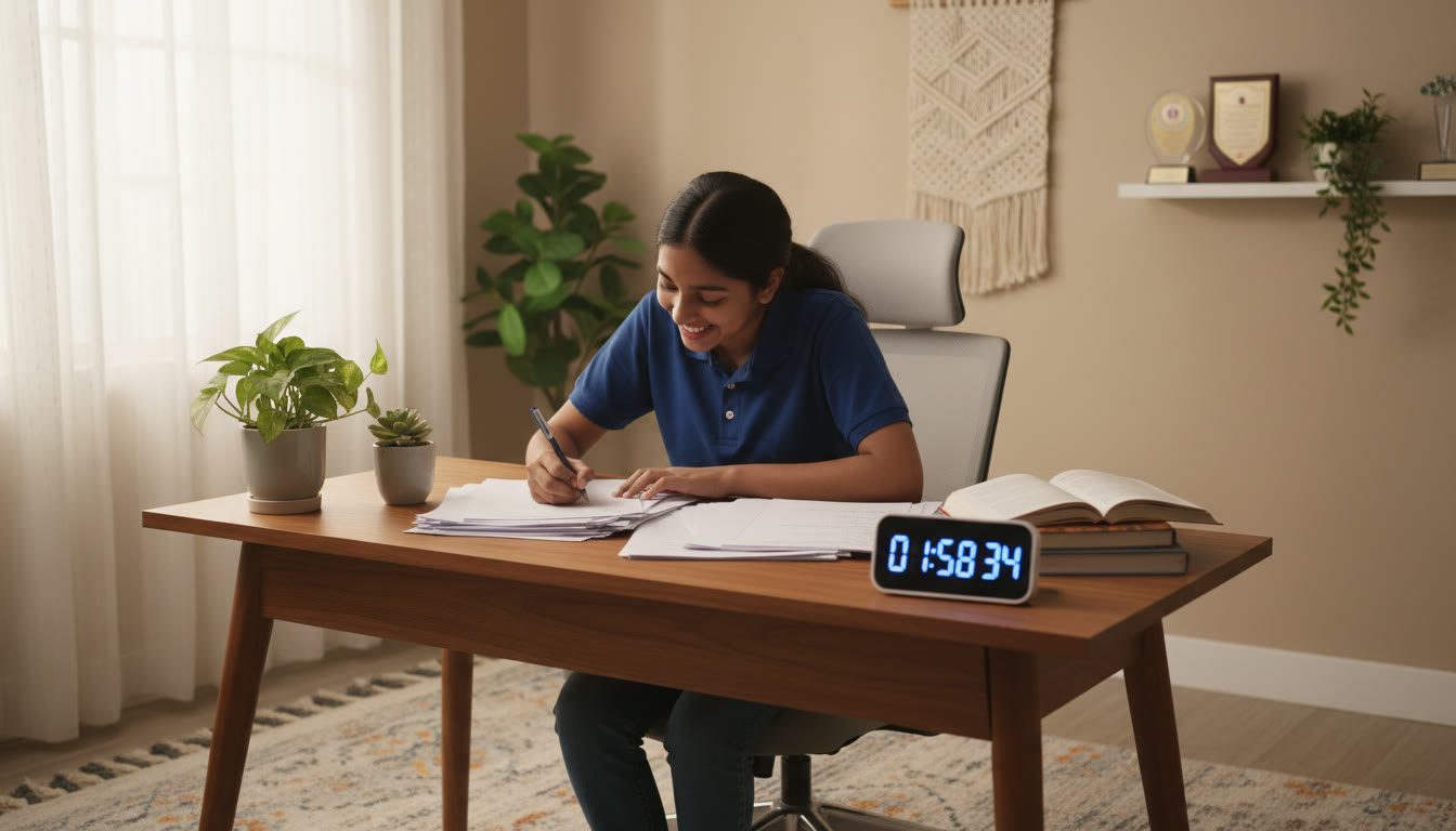 Photo Idea : A student practising a full-length mock exam at a desk with a timer beside them