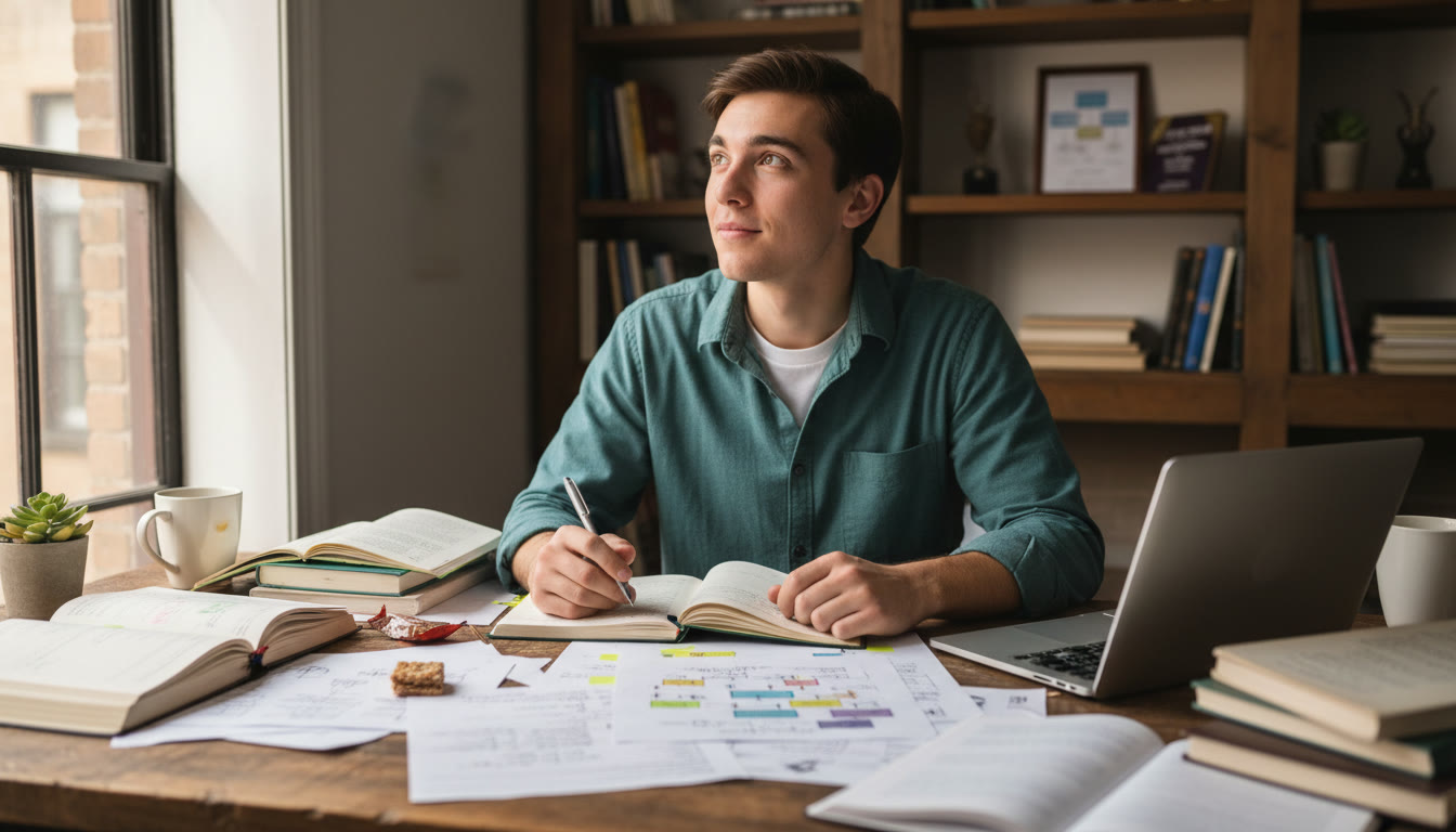 Photo Idea : student at a desk surrounded by open notebooks and a laptop, mid-draft, looking thoughtful
