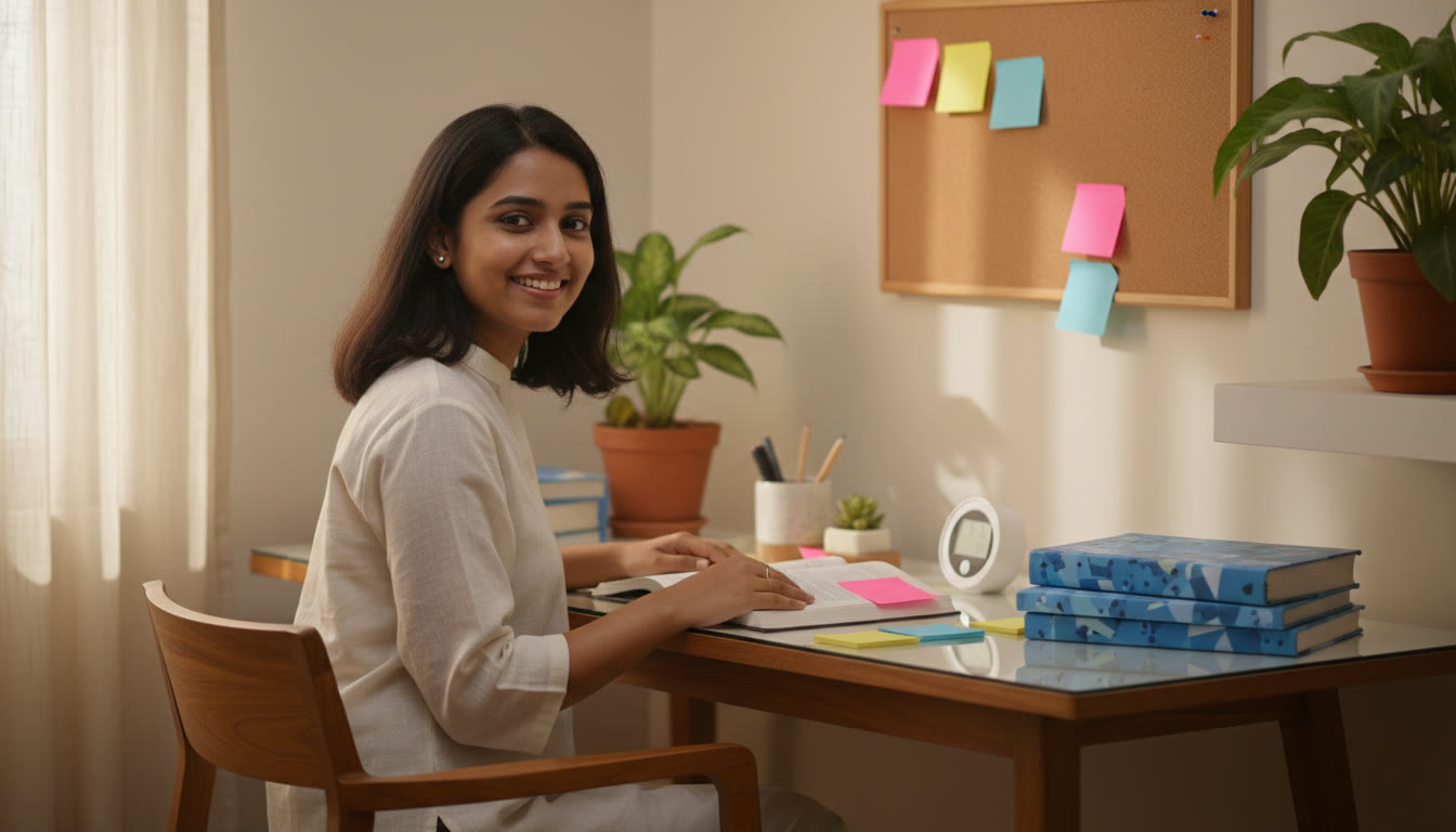 Photo Idea : Student at a tidy study desk with ISC textbooks, sticky notes, and a timer