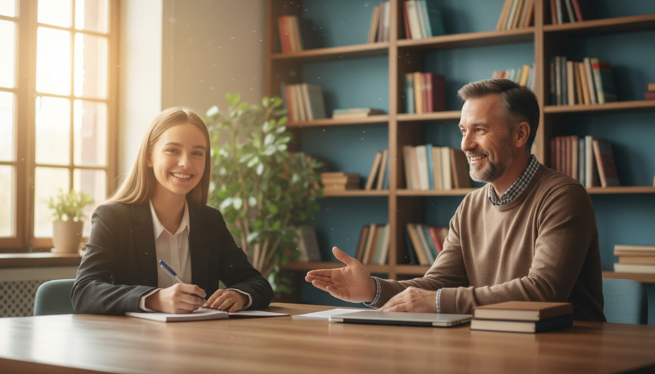 Photo Idea : Student practicing a mock interview with a coach in a quiet study room