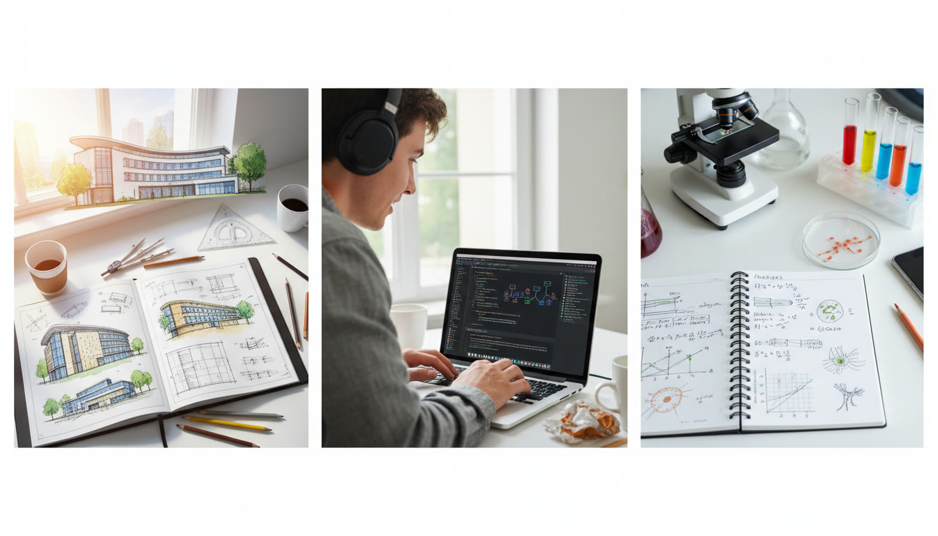Photo Idea : A collage showing an architecture portfolio, a student coding on a laptop, and a lab notebook