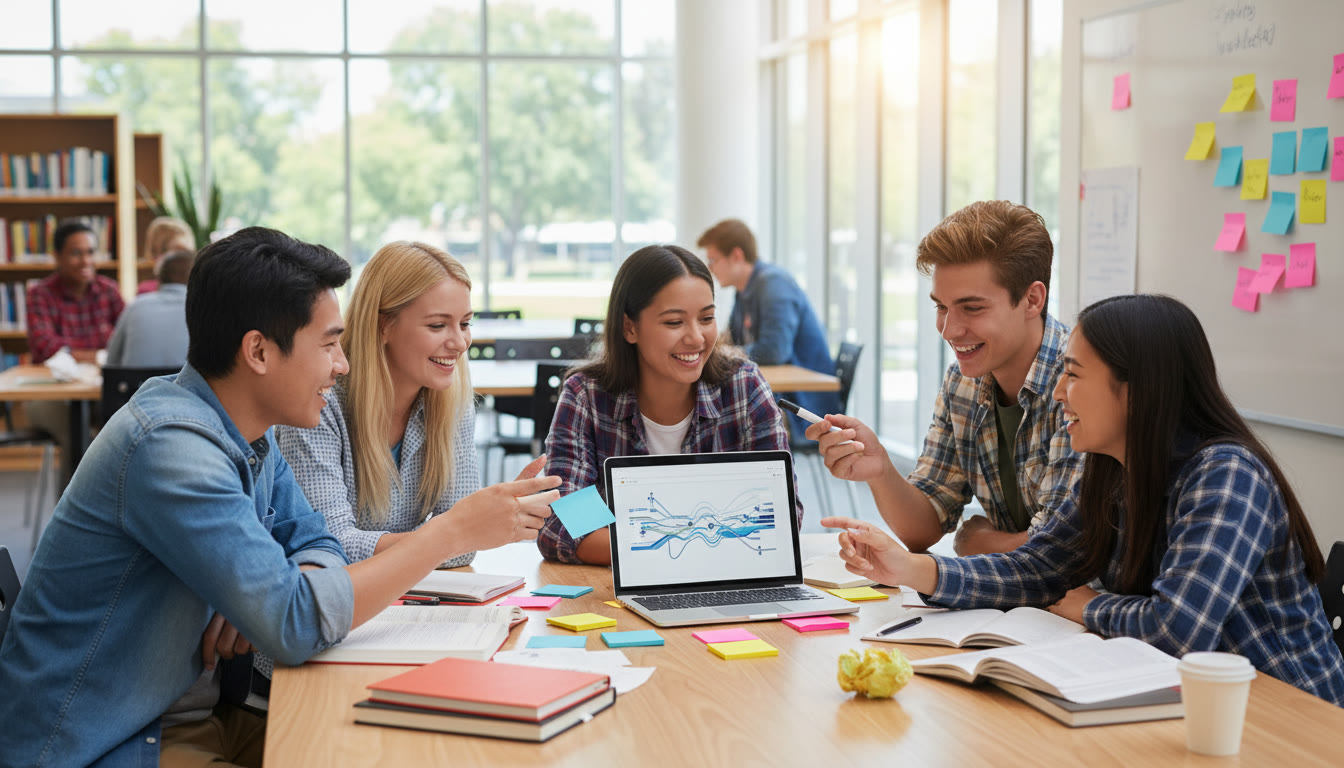 Photo Idea : A small group of high-school students planning around a table with sticky notes and a laptop