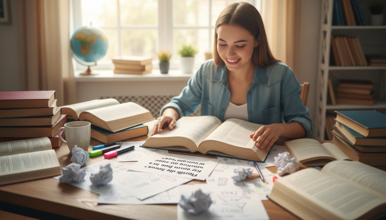 Photo Idea : A student at a desk surrounded by books and scribbled notes, closing in on a focused paragraph