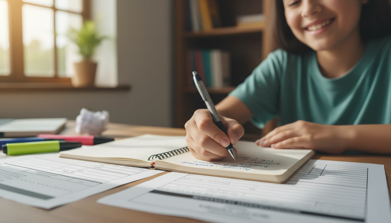 Photo Idea : Close-up of a student writing reflective notes beside printed activity logs