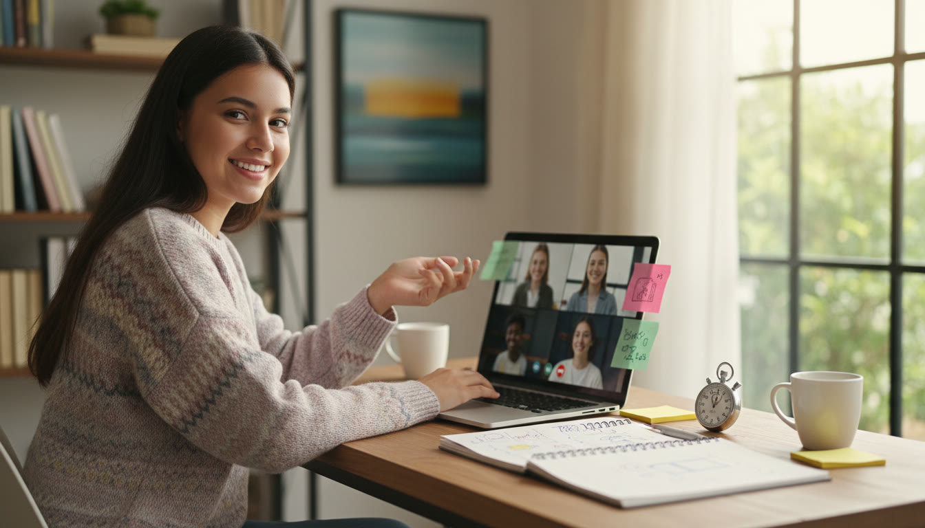 Photo Idea : A student practicing a mock interview on a laptop with notes and a timer