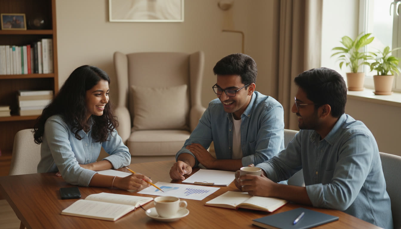 Photo Idea : A small group discussing mock test answers around a table with a printout of analytics