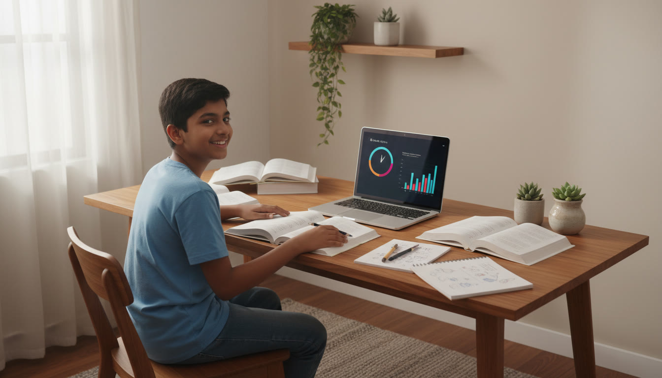 Photo Idea : student at a desk with open textbooks and laptop showing a mock-test timer