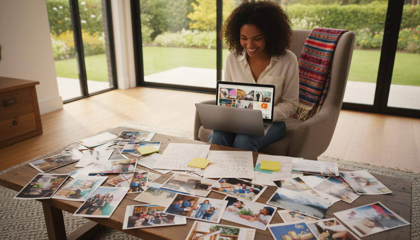 Photo Idea : Student reviewing a CAS portfolio on a laptop with printed photos and handwritten notes spread around