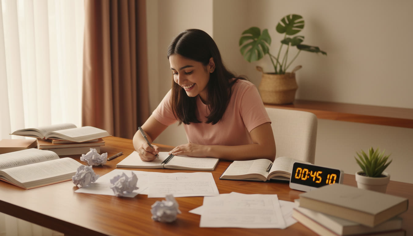 Photo Idea : Student writing corrections in a notebook after a mock test, with a timer and scattered notes