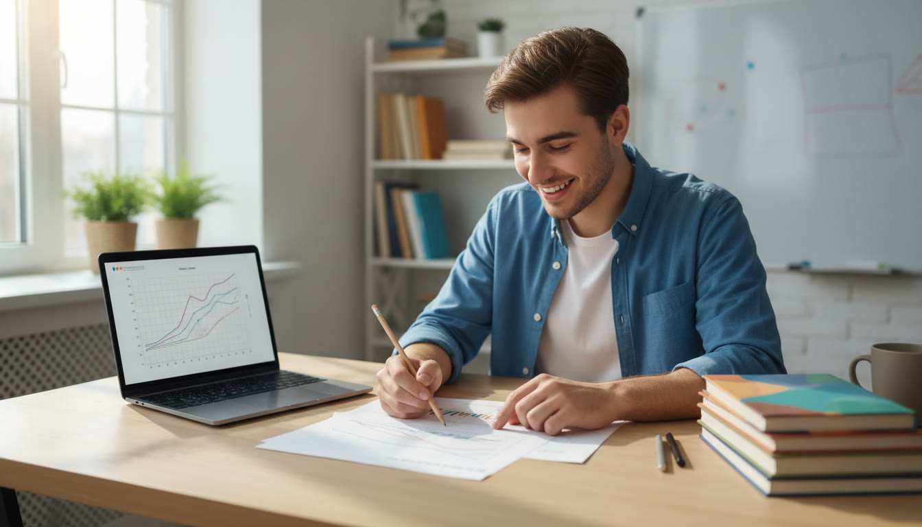 Photo Idea : A focused student at a desk, highlighting a printed graph with a pencil and laptop beside them