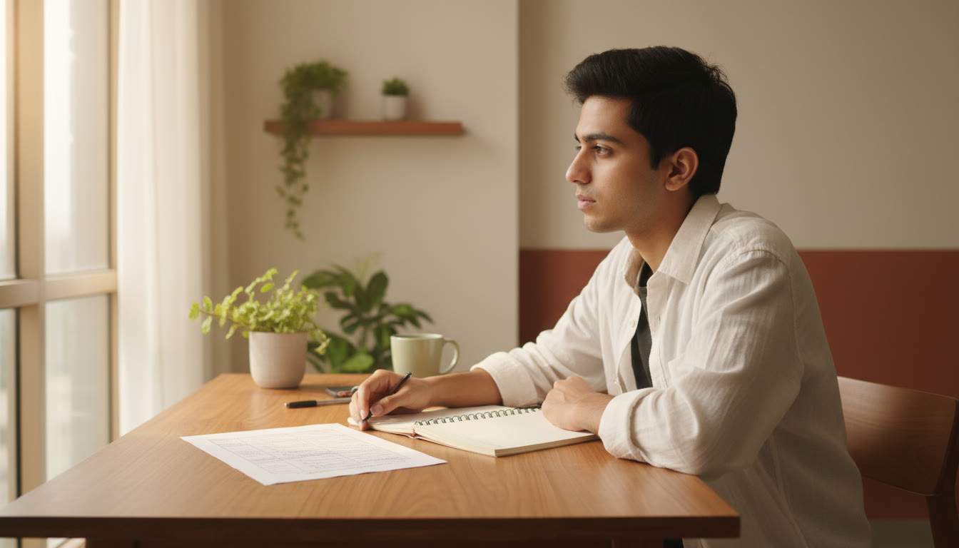 Photo Idea : student at a desk with a printed mock scorecard and open notebook, looking reflective