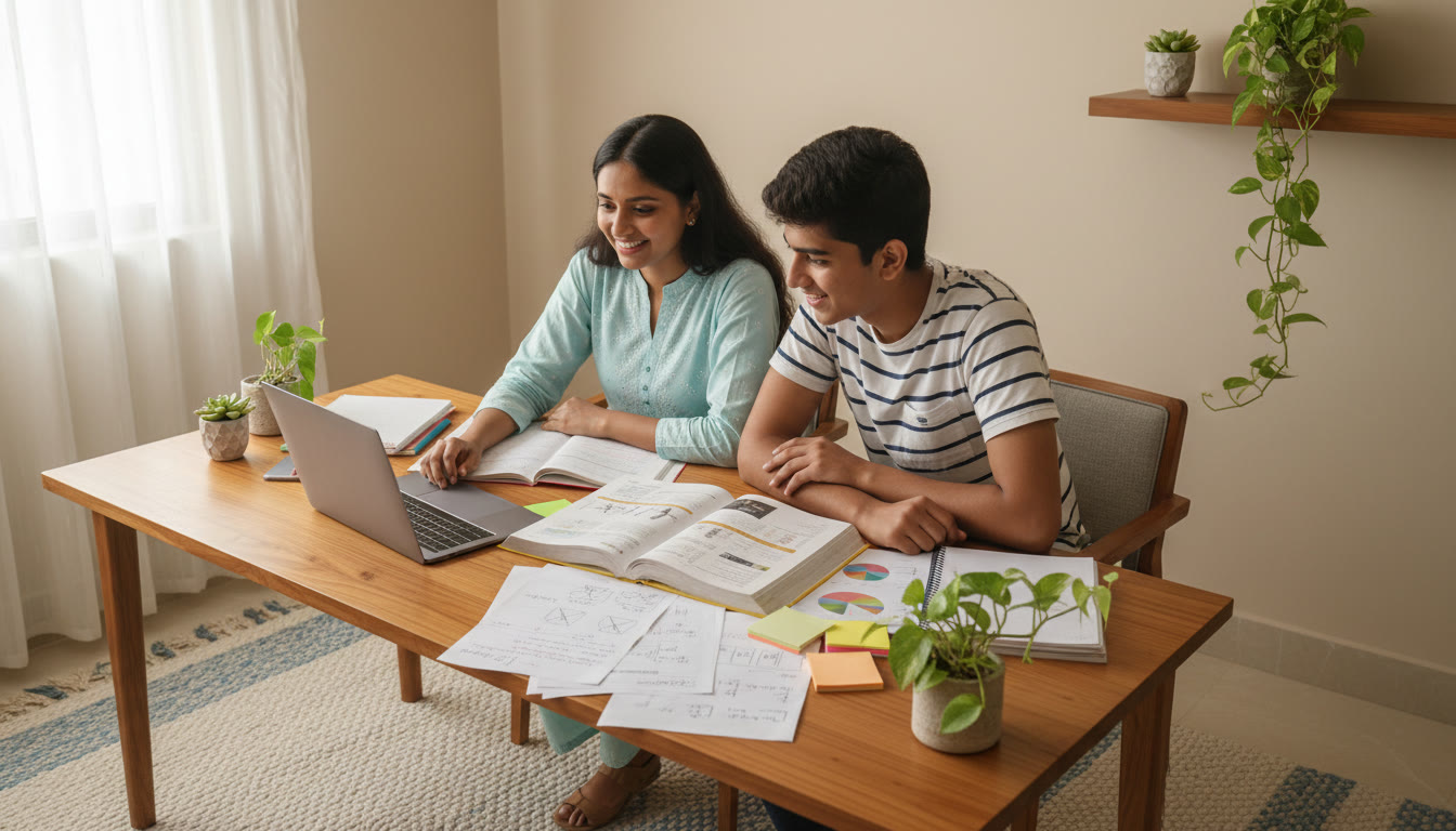 Photo Idea : A tutor and student working together over a laptop and textbook, notes spread around