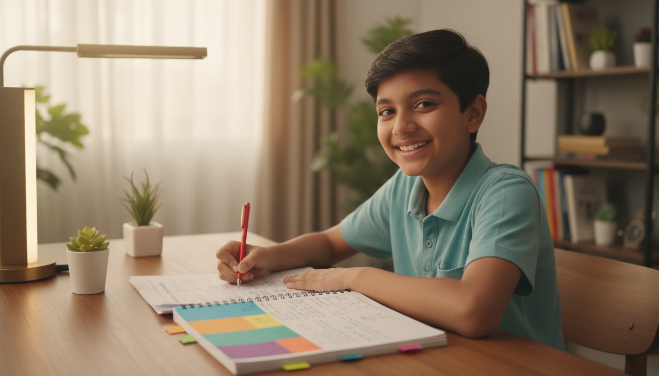 Photo Idea : A student marking corrections on a mock test paper with a colorful notebook of error notes beside them