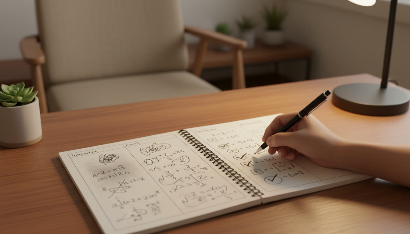 Photo Idea : Close-up of a notebook with error-analysis columns (Mistake, Why, Fix) and a pen marking corrective steps