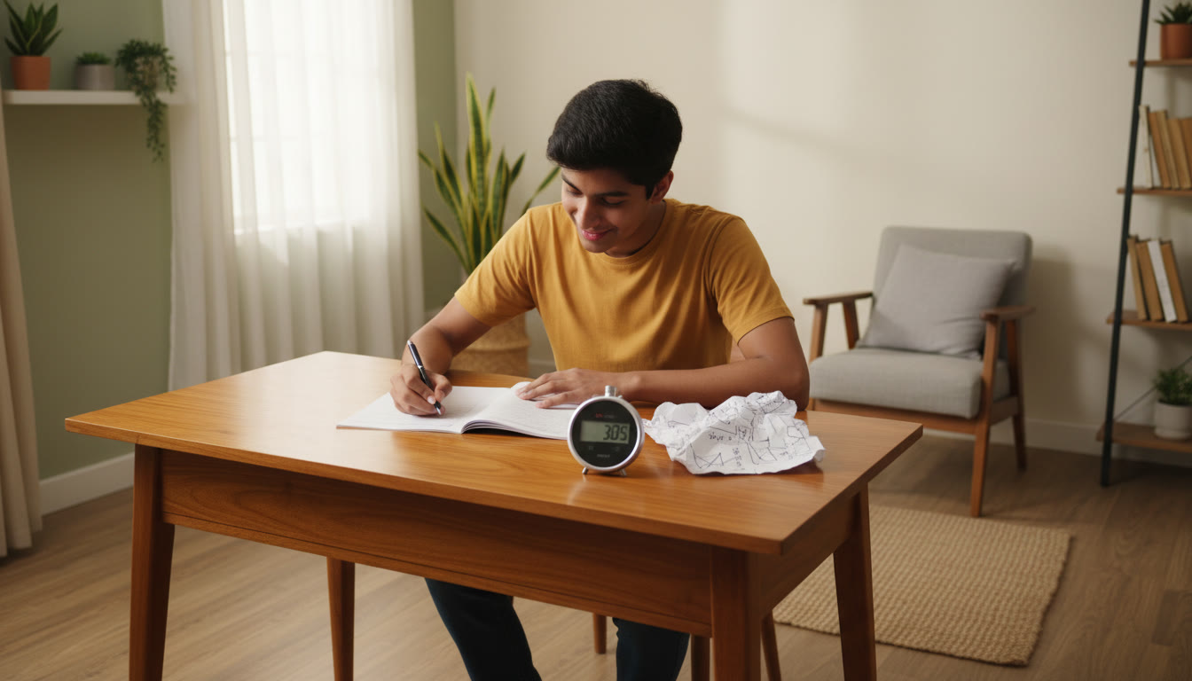 Photo Idea : Student taking a timed mock test at a desk, stopwatch and rough sheet visible