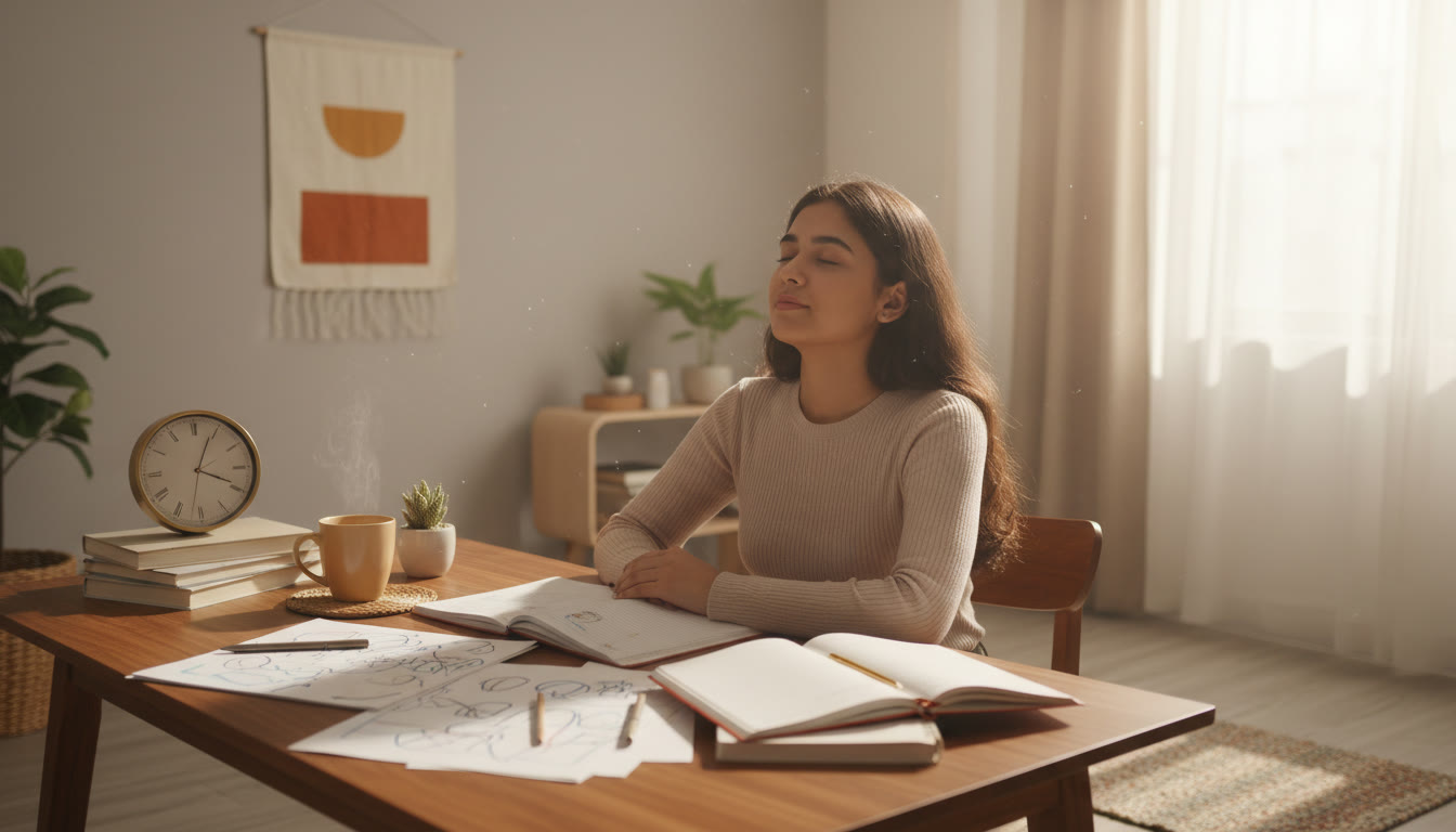 Photo Idea : A student at a desk taking a slow breath with scattered notebooks, a clock, and a warm mug