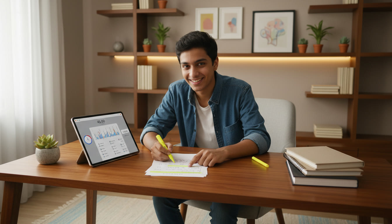 Photo Idea : Student highlighting a solved problem on paper while a tablet shows a timed mock test.