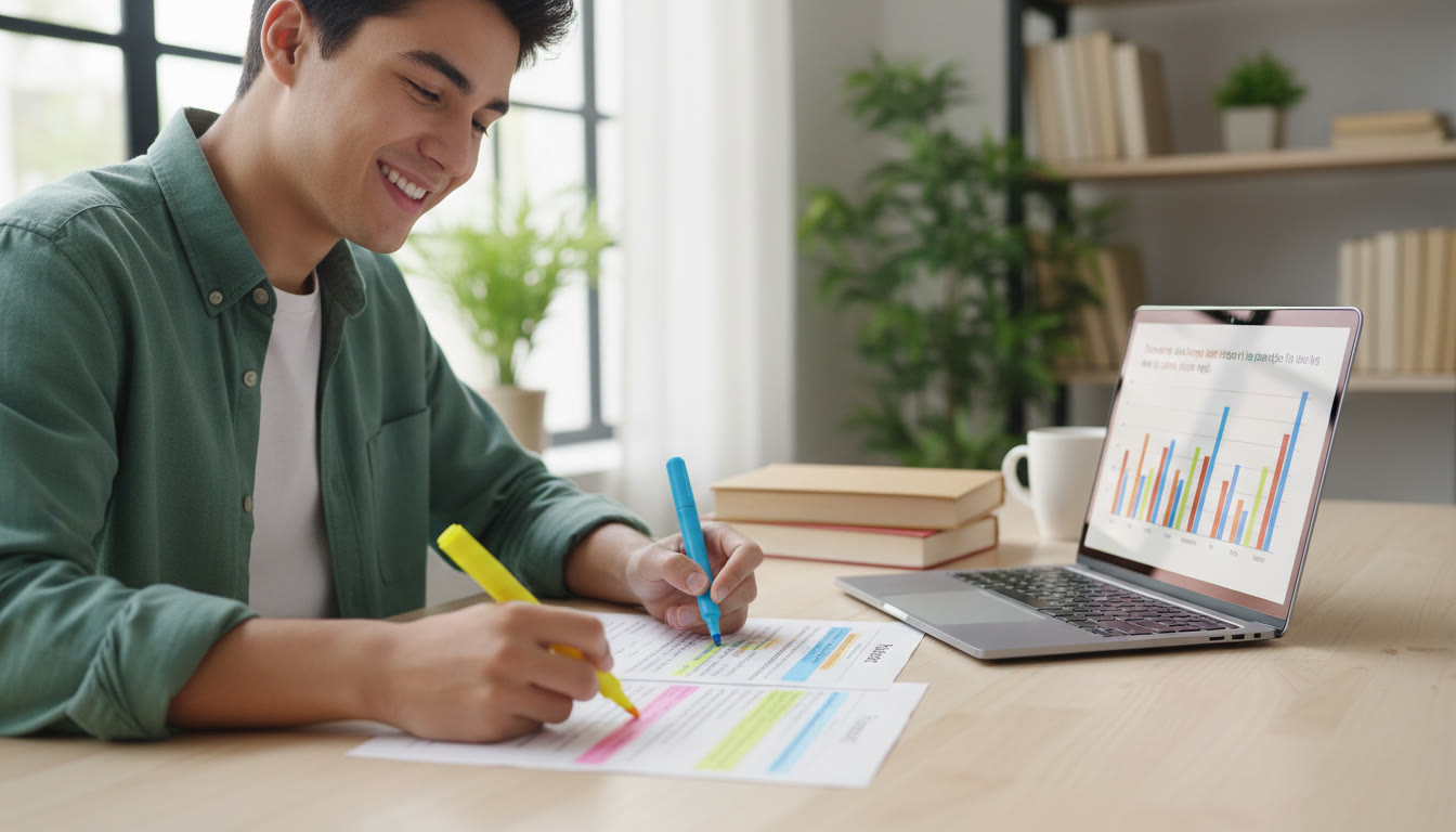Photo Idea : Student highlighting an IA rubric with highlighters and a laptop nearby