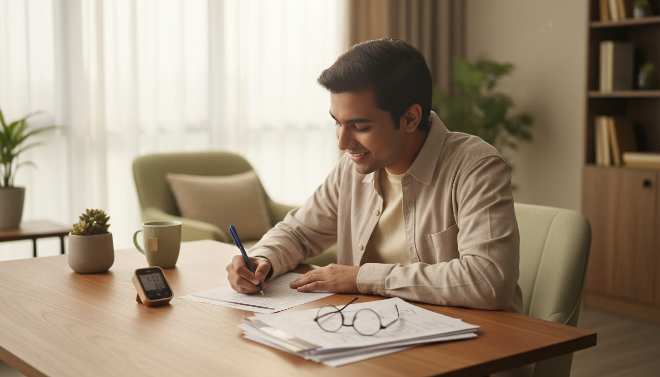 Photo Idea : A focused student filling an OMR sheet with a stopwatch and question paper nearby