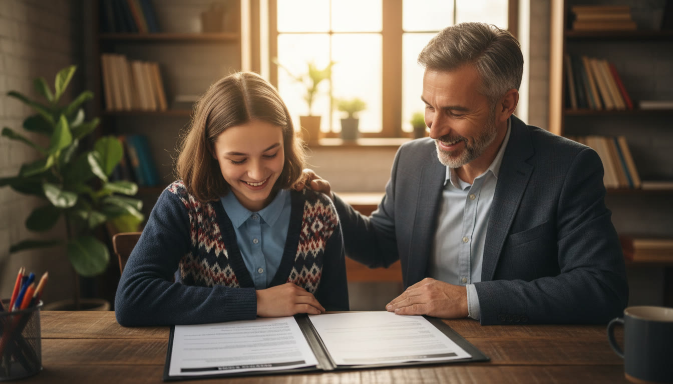 Photo Idea : Student and school counsellor sitting at a wooden desk, reviewing a neat 