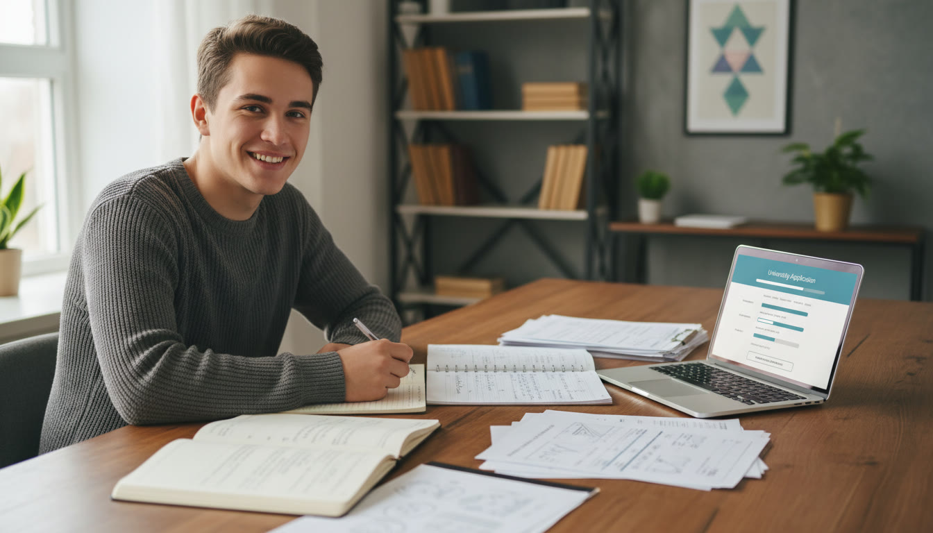 Photo Idea : Student at a desk with open notebooks, mock exam papers, and a laptop displaying a university application form