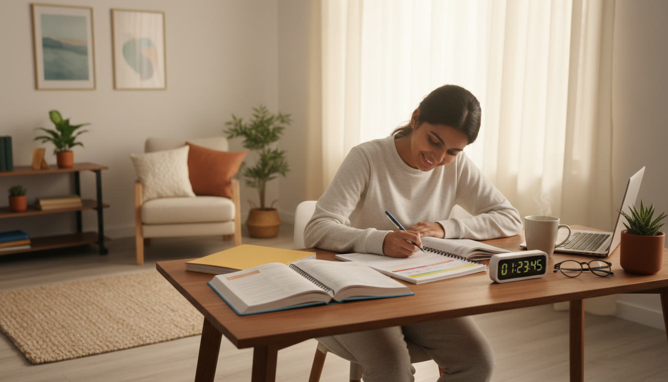 Photo Idea : [A focused student at a desk with textbooks, planner, and a timer]