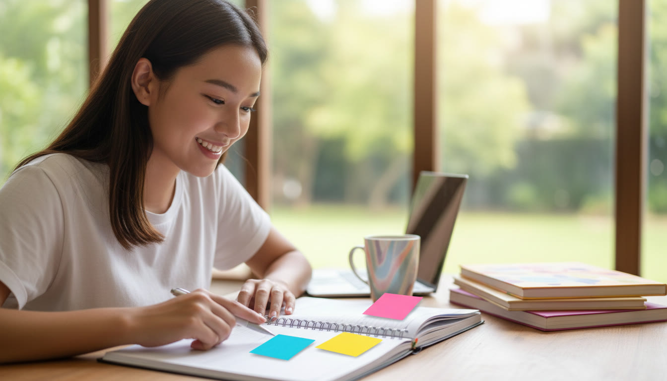 Photo Idea : A student checking a planner with sticky notes labeled 