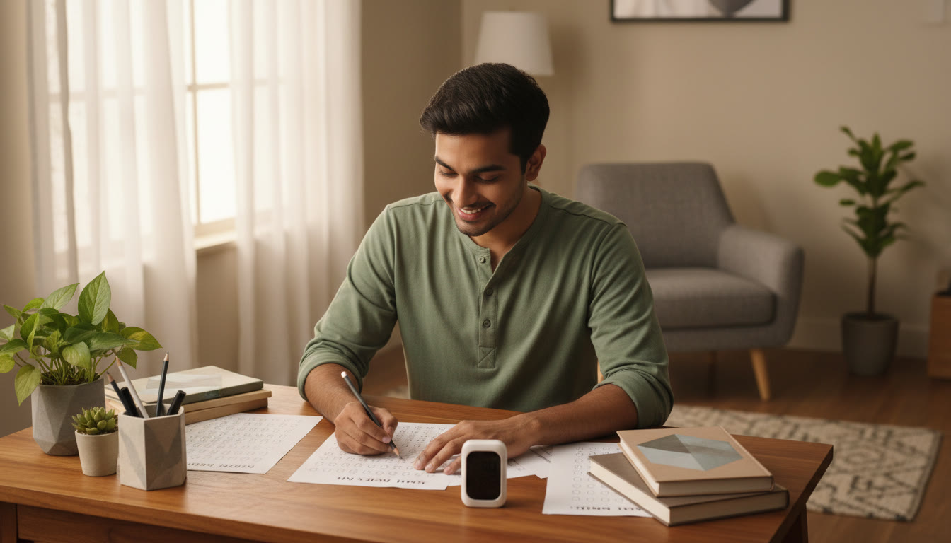 Photo Idea : A student practicing OMR marking with a pencil and timer on the desk