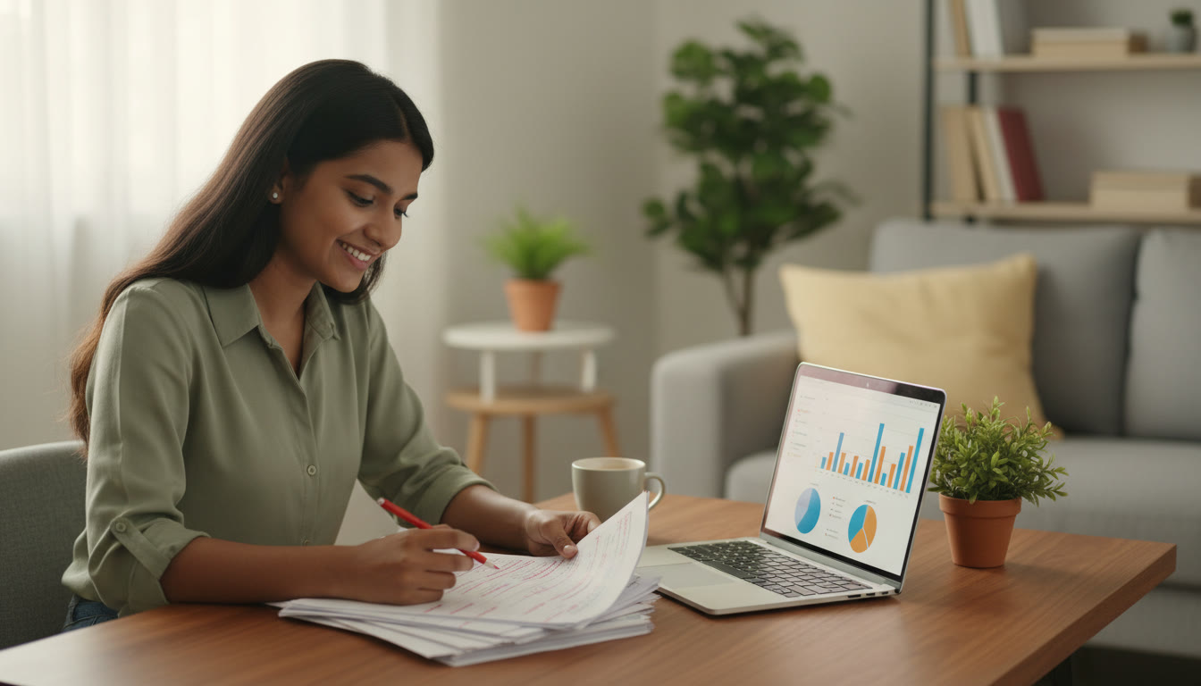 Photo Idea : A student reviewing a printed mock test with red pen and a laptop showing score analytics