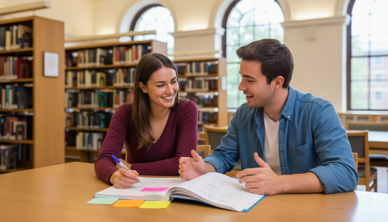 Photo Idea : Two students in a library discussing an annotated research draft
