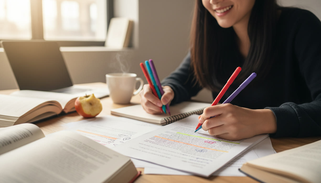 Photo Idea : Close-up of a student annotating pages of a Theory of Knowledge essay with colored pens
