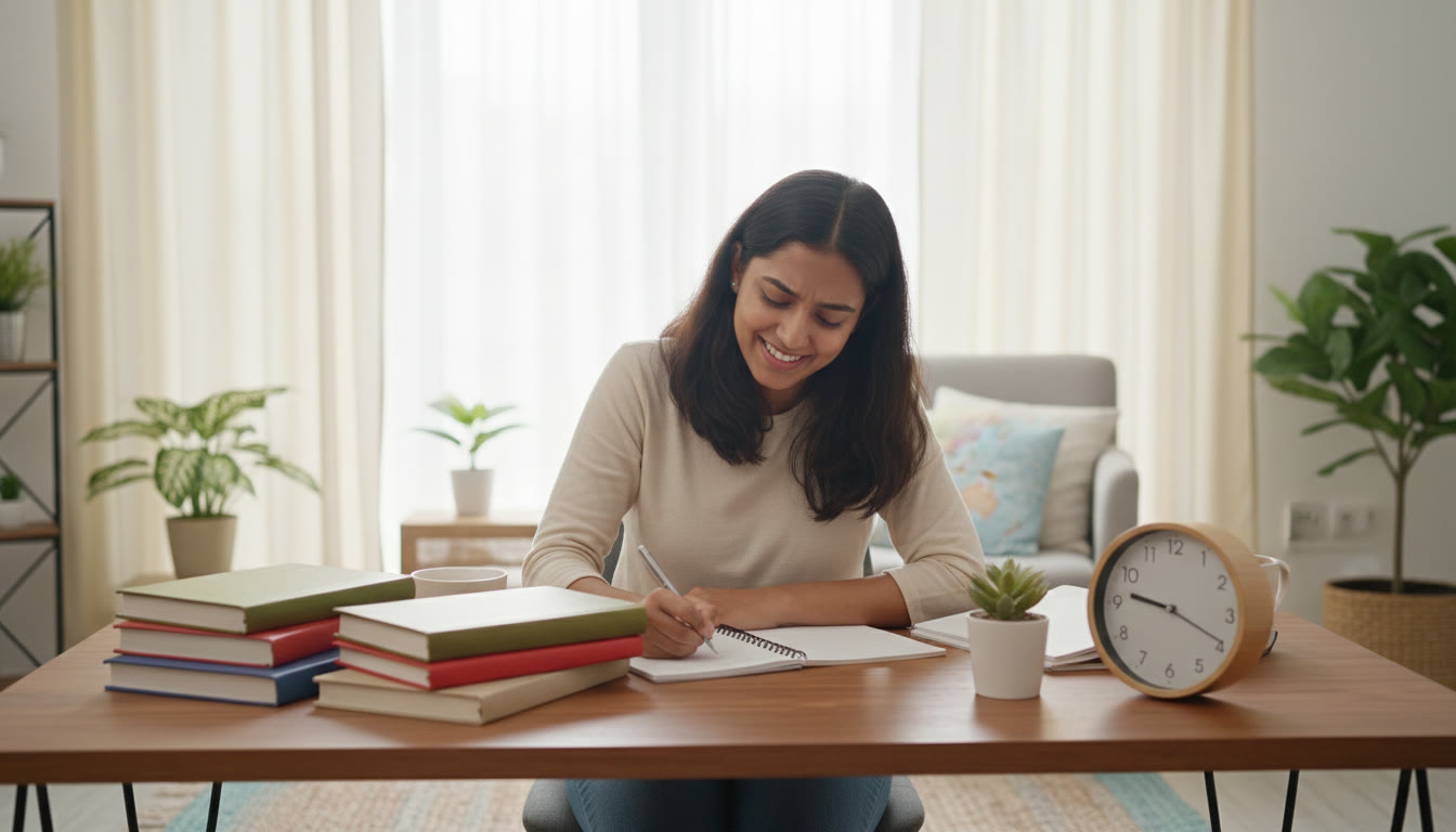 Photo Idea : Focused student at a tidy desk, writing with textbooks and a visible clock
