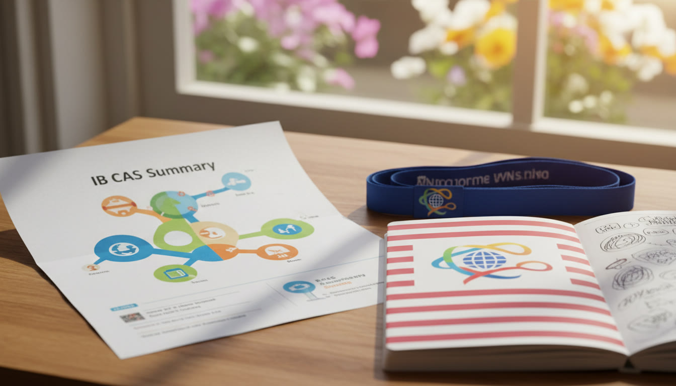 Photo Idea : Close-up of a printed one-page CAS summary laid next to a school lanyard and notebook