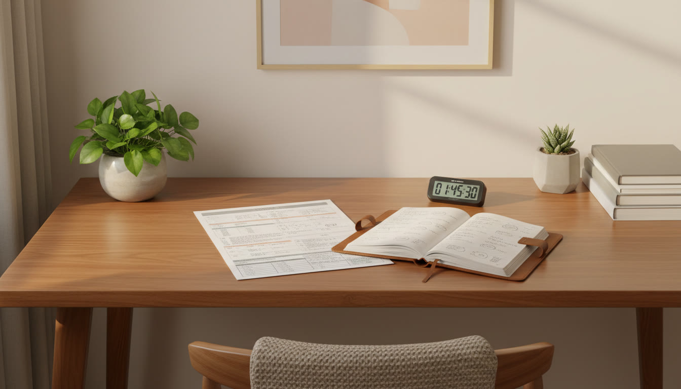Photo Idea : A tidy study table showing a printed full-length mock test, stopwatch, and solved error log notebook