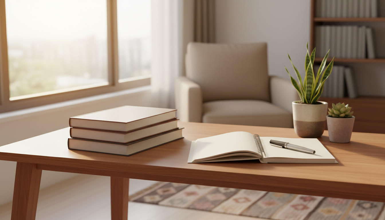 Photo Idea : A neat study desk with ISC textbooks, a notebook, and a pen under warm natural light