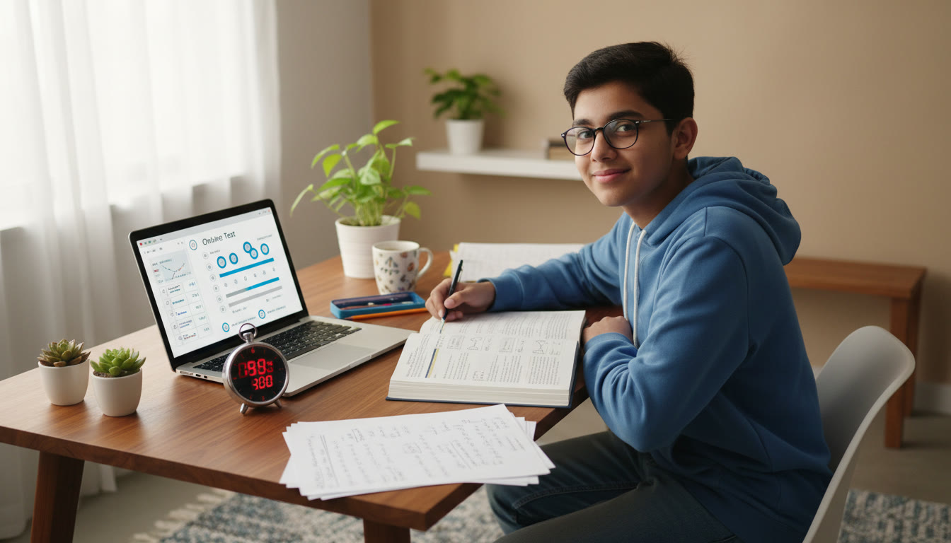 Photo Idea : A focused student at a desk with a stopwatch, a laptop showing an online test interface, and neatly arranged rough sheets.