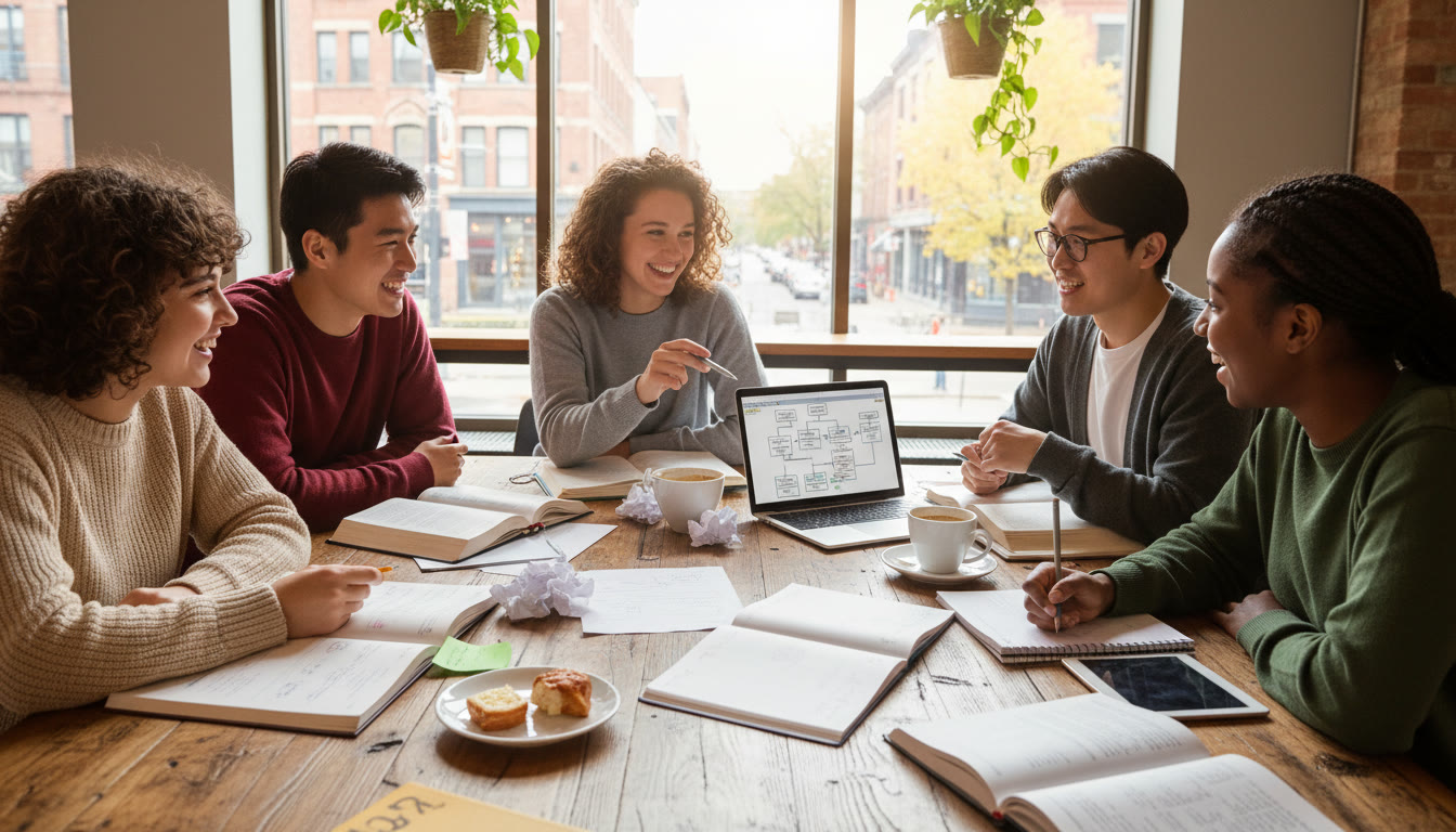 Photo Idea : A diverse group of students sitting around a table with notebooks and a laptop, drafting a community history project plan
