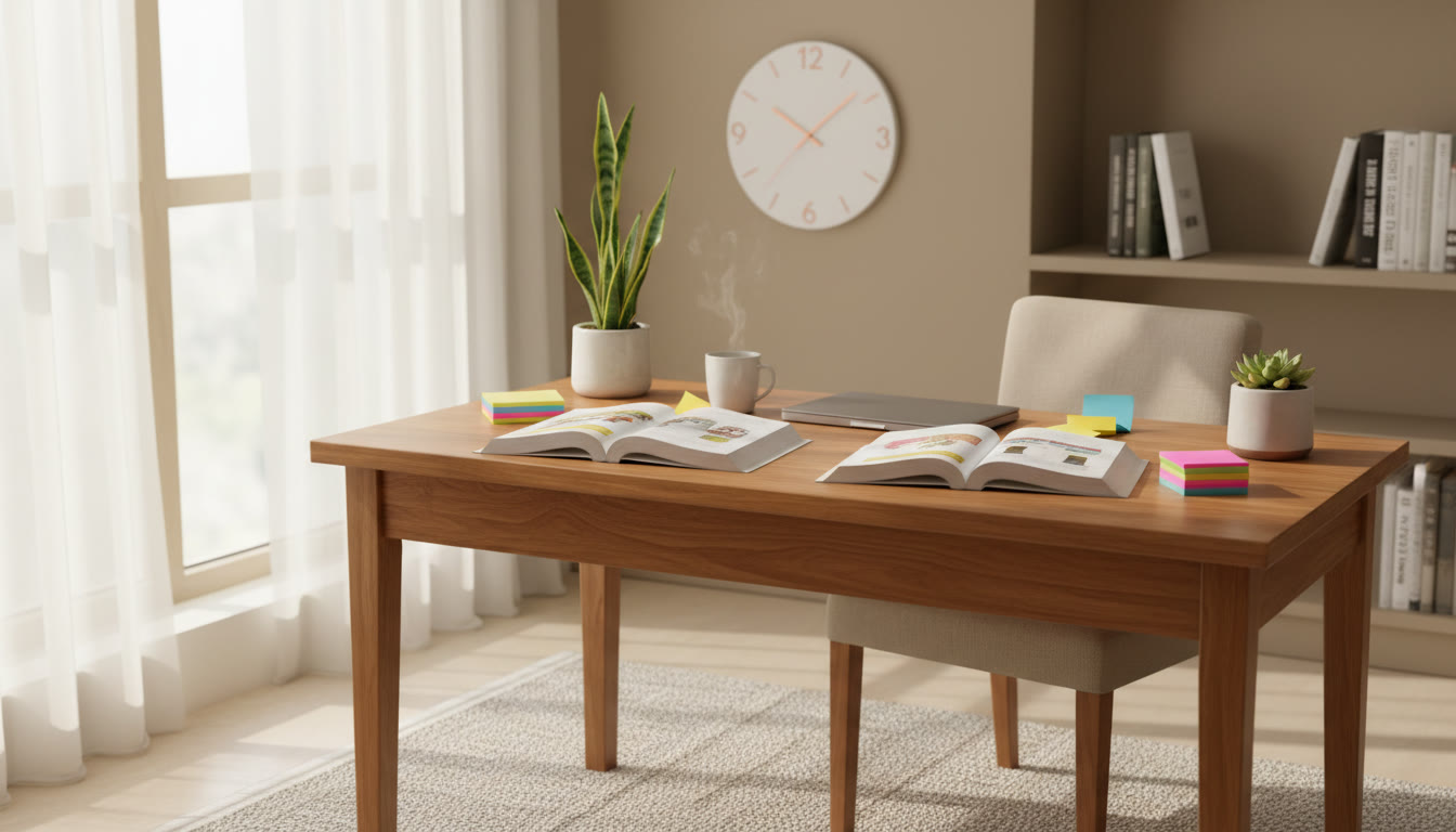 Photo Idea : A bright study desk with open textbooks, sticky notes, and a steady clock