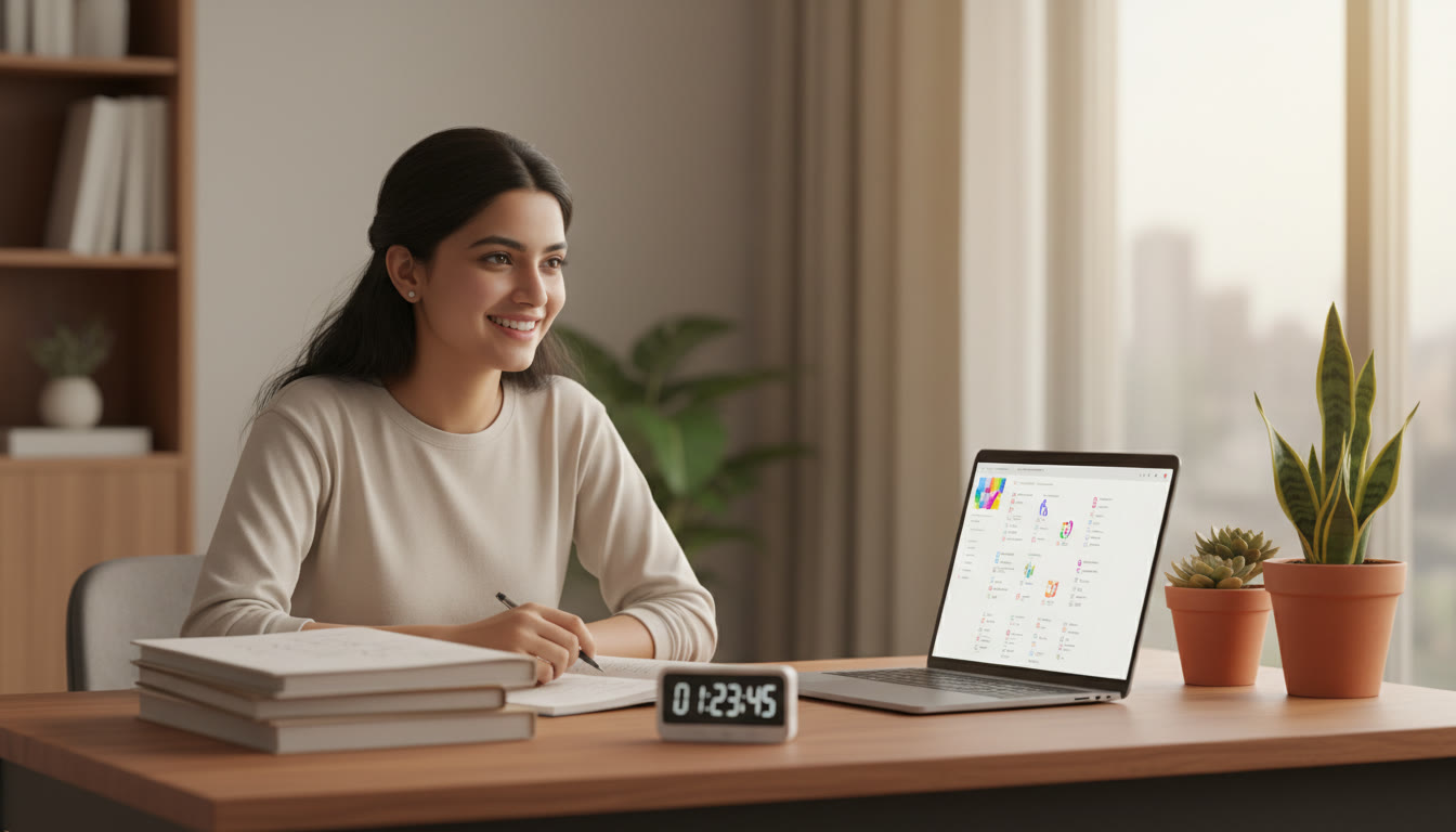 Photo Idea : A focused student at a tidy study desk with a timer, notebooks, and a laptop showing a mock test interface