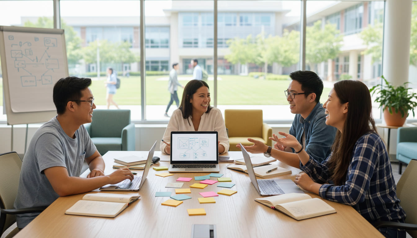 Photo Idea : Student and peers brainstorming a community service project around a table with sticky notes and laptops