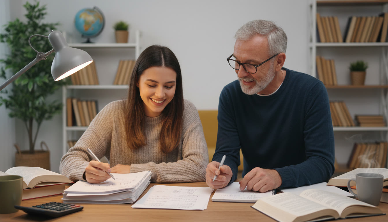 Photo Idea : Student at a desk practicing past-paper questions under a soft lamp, with a tutor observing notes