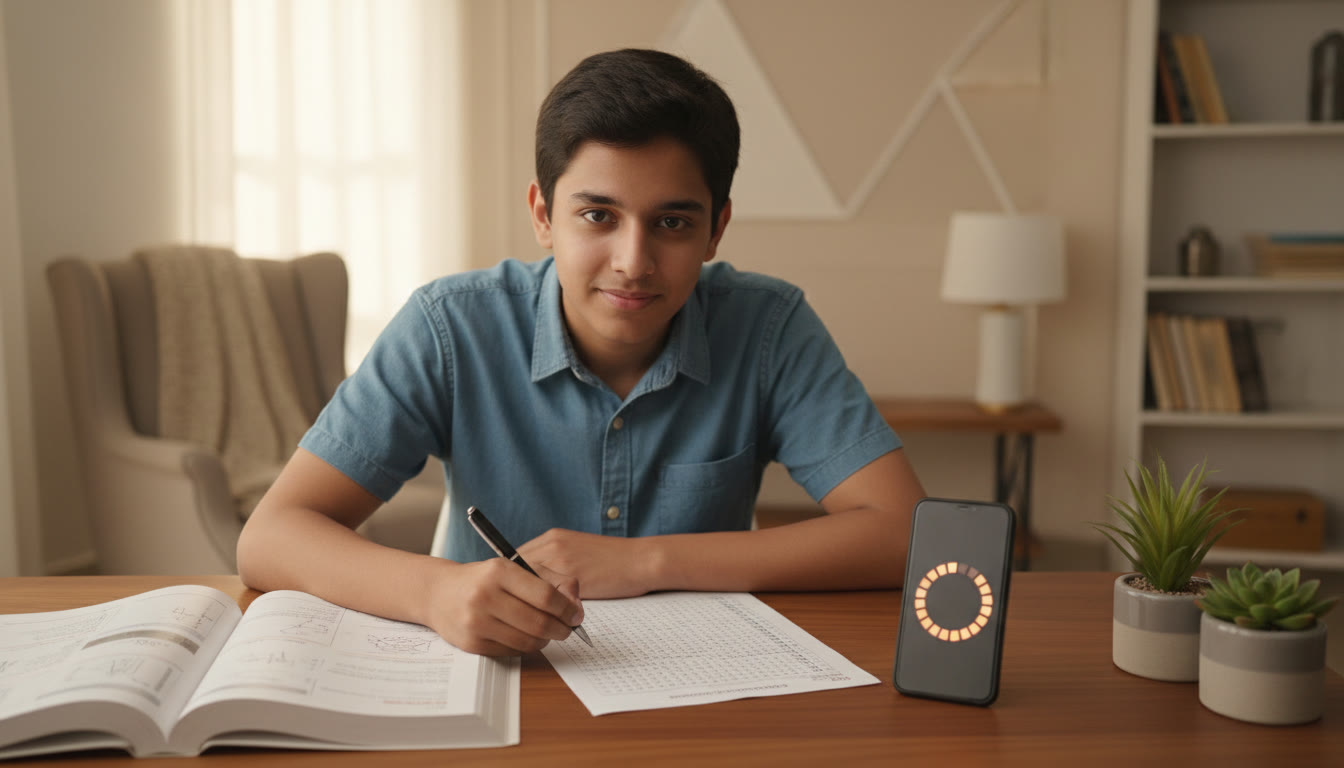 Photo Idea : A focused student marking answers on an OMR sheet while a timer glows on a smartphone nearby