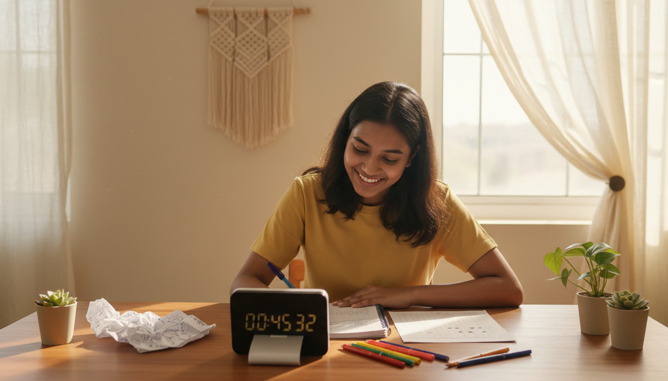 Photo Idea : A student taking a timed mock test at a desk with a visible rough-sheet and OMR answer sheet